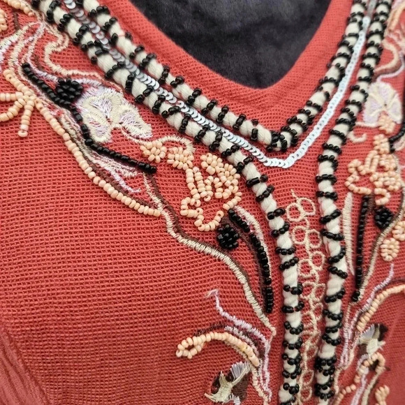 Sixes & Sevens Coral Orange Pink Beaded Embroidered Blouse Viscose Top V-Neck M - Picture 9 of 10